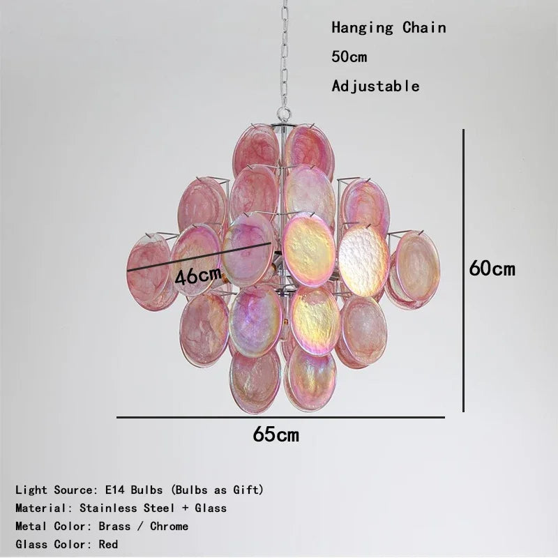 Chandelier with pink and red glass discs, dimensions, and material details on a white background
