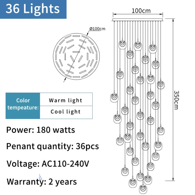 Light fixture with dimensions, power details, and warranty information on a white background