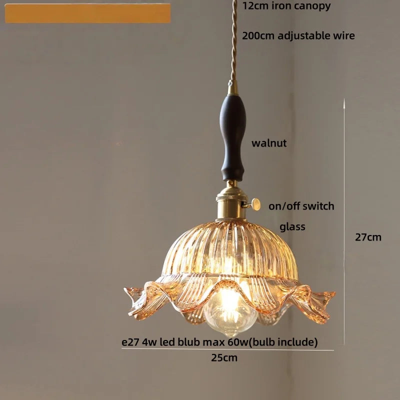 Decorative pendant light with specifications on a neutral background