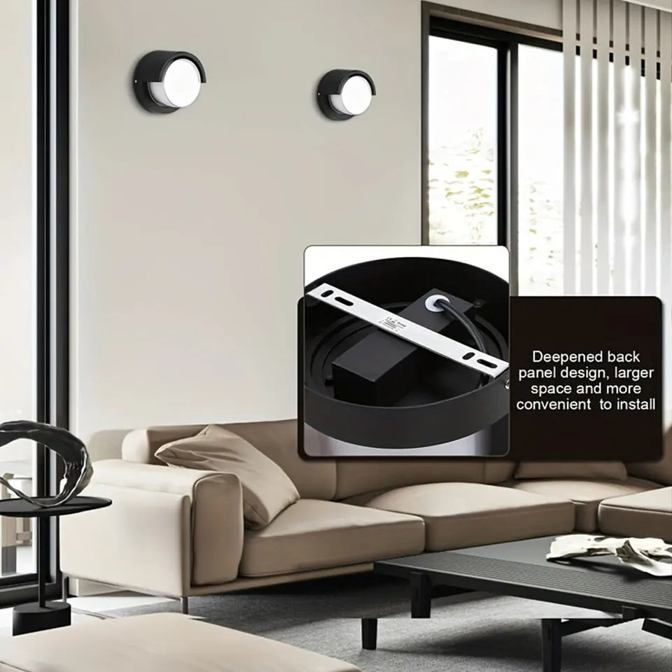 Modern living room with a wall-mounted device and inset showing its features.