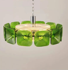 Green Glass Square Geometric Chandelier Art Deco Hanging Light Fixture