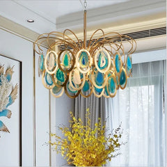 Gold Agate Slice & Metal Ring Tiered Pendant Light Fixture