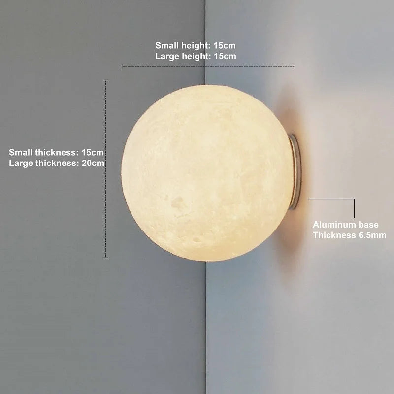 Wall-mounted spherical light fixture with dimensions labeled on a gray background