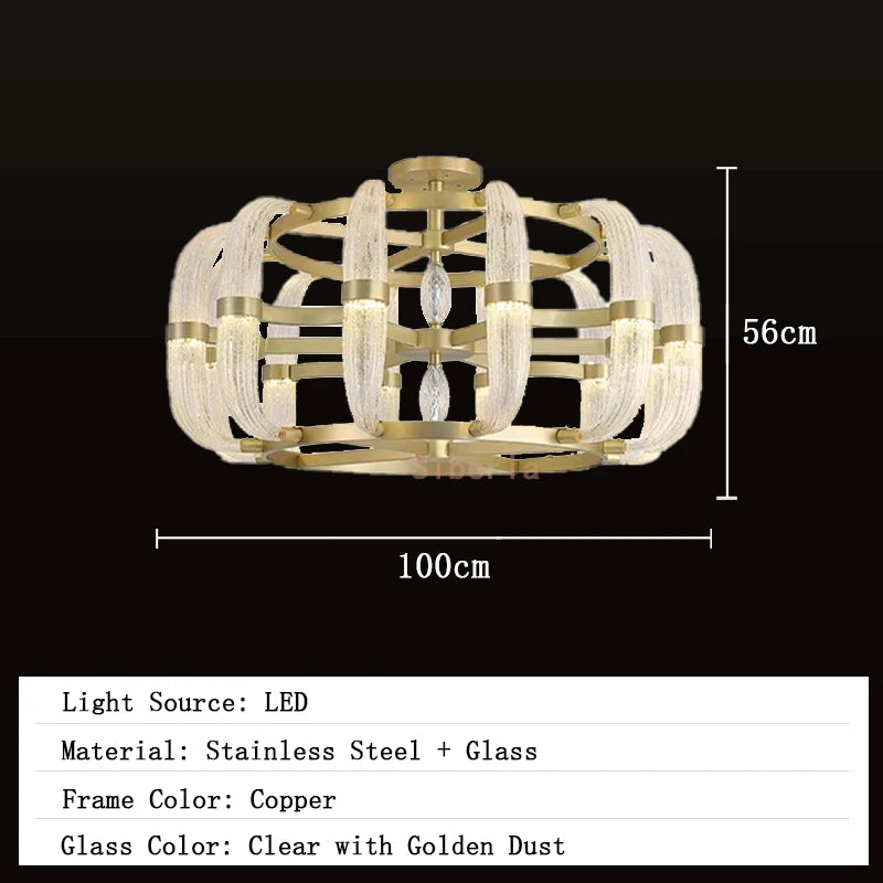 Ceiling light fixture with dimensions and material details on a black background