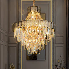Gold Tiered Crystal Cascading Pendant Light with Blue Accents