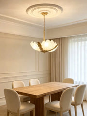 Gold Leaf Seashell Pendant Light with Fluted Pink Frosted Glass Shade