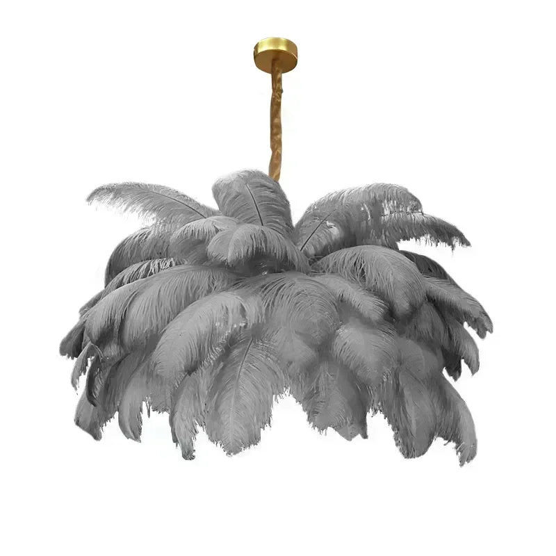 Feathered chandelier with a gold fixture on a white background