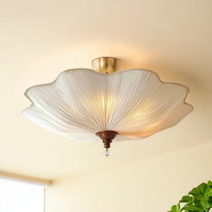 White Fabric Lotus Semi-Flush Ceiling Light Polished Gold