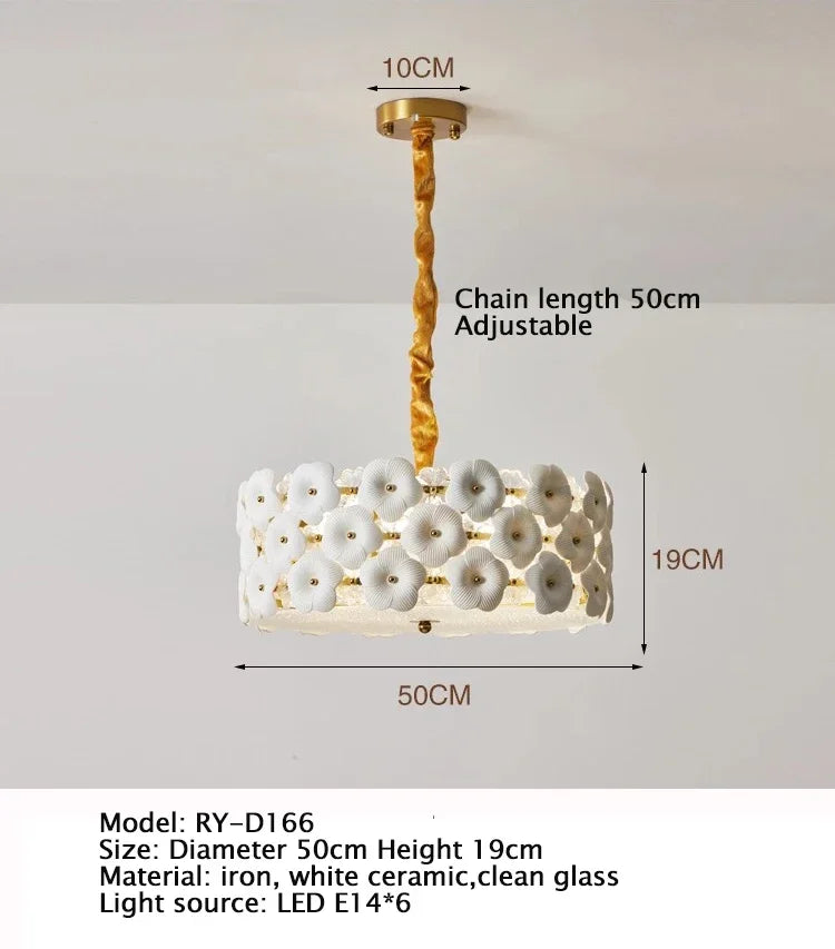 Ceiling light fixture with measurements and product details on a white background