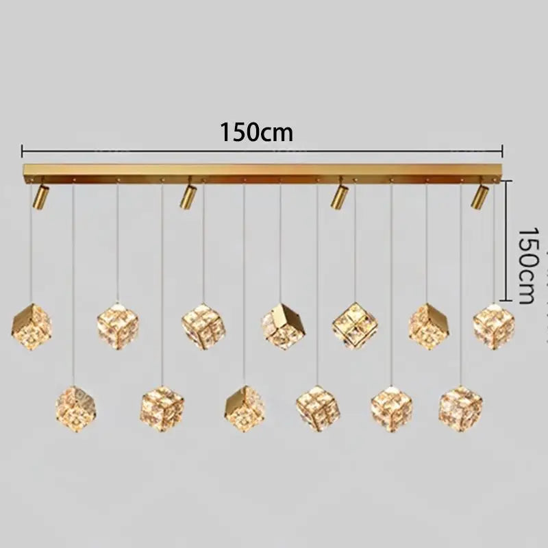 Chandelier with gold fixtures and crystal-like pendants, shown with dimensions on a gray background.