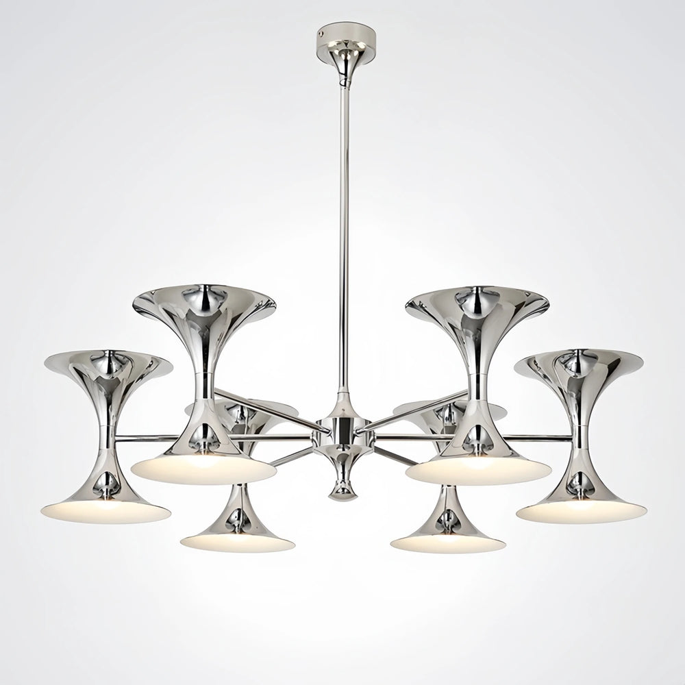 A polished chrome chandelier with a linear canopy, showcasing its modern design