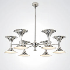 A polished chrome chandelier with a linear canopy, showcasing its modern design