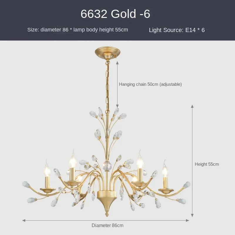 Gold chandelier with measurements on a white background