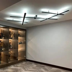 Black geometric line light fixtures mounted on a white ceiling, above a glass display cabinet filled with collectibles.