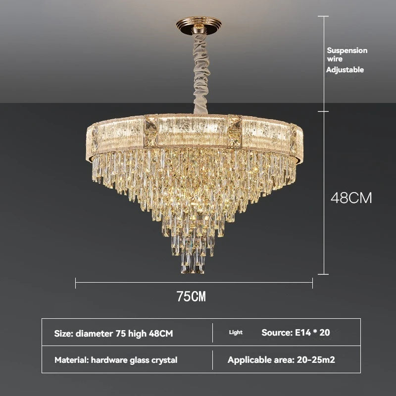 Chandelier with dimensions and specifications on a dark background