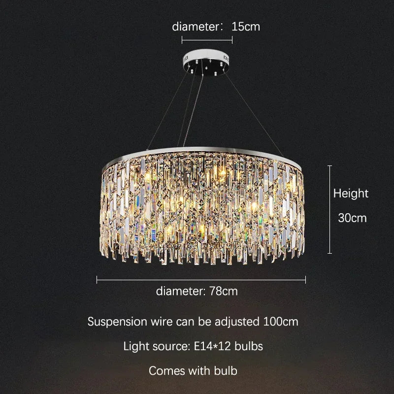 Chandelier with dimensions and specifications on a dark background
