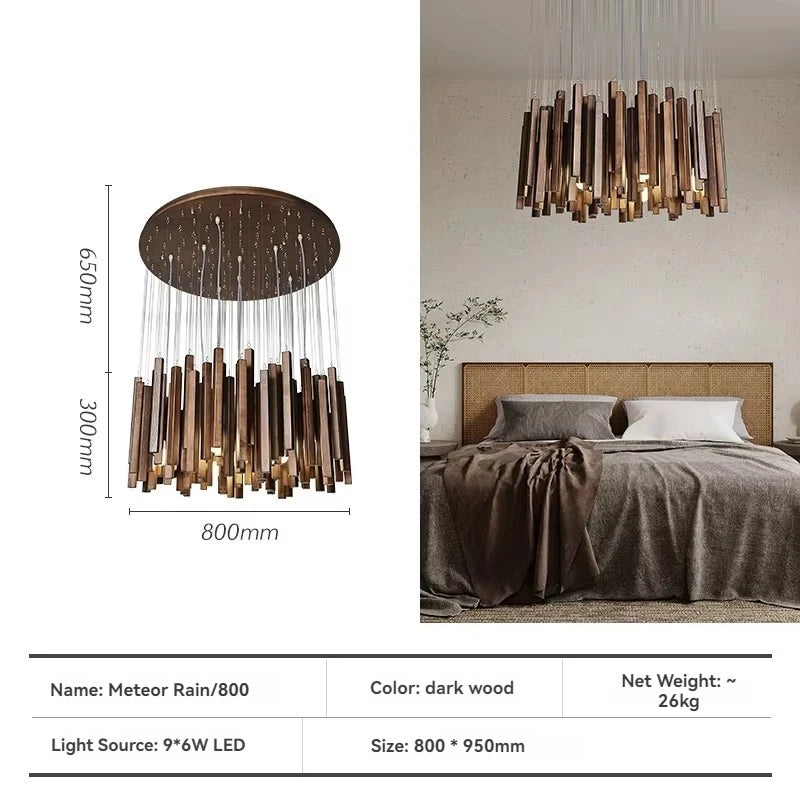 Chandelier with dimensions and product details on a bedroom background