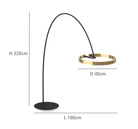 Black floor lamp with gold accent, dimensions indicated on a white background