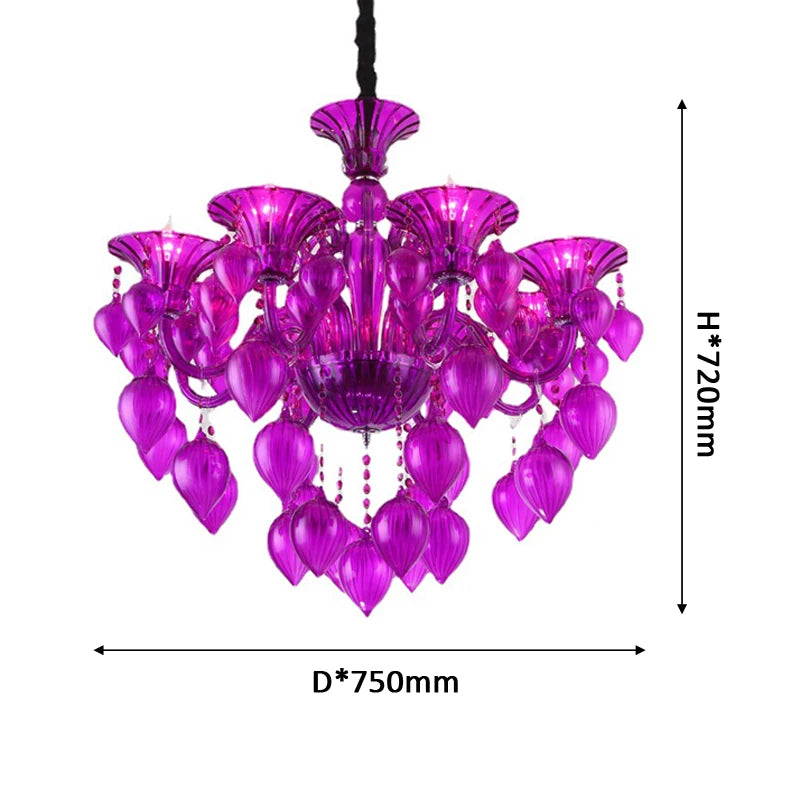 Purple lotus leaf bud shaped crystal chandelier with dimensions indicated (D*750mm, H*720mm)
