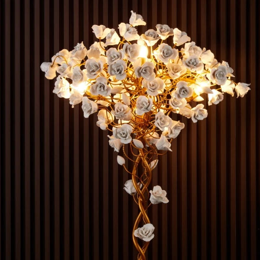 Decorative chandelier with floral design on a brown background