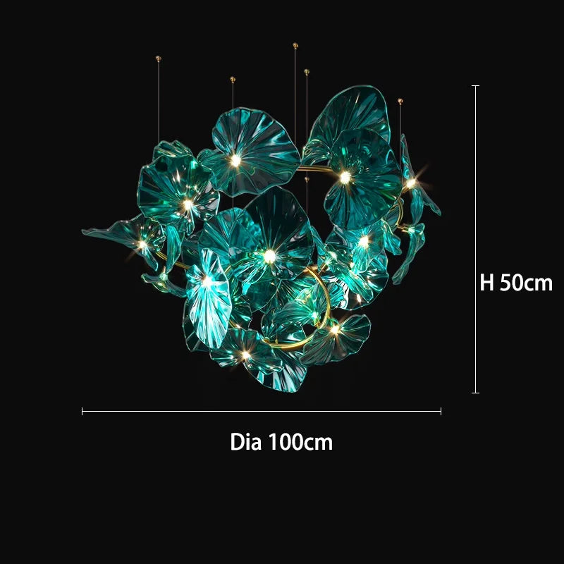 Decorative teal leaf wreath with lights on a black background, showing dimensions.