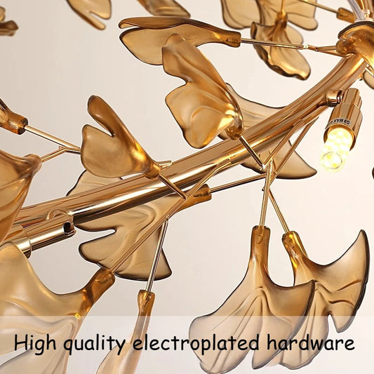 Close-up of the gold electroplated hardware on the leaf chandelier.