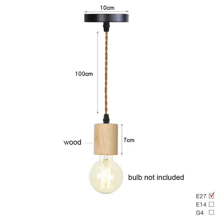 Pendant light with wooden shade and bulb, measurements indicated, bulb not included