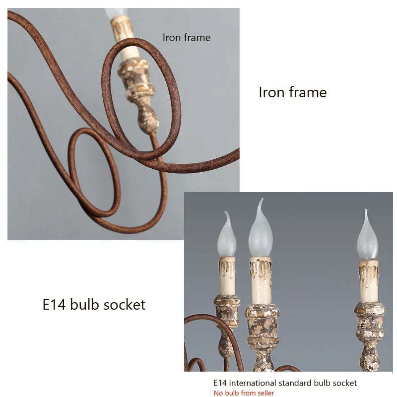 Detail shots of the chandelier's iron frame and E14 bulb socket, with text labels.