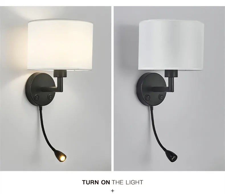 Two wall sconces with white lampshades and black metal fixtures on a gray background.