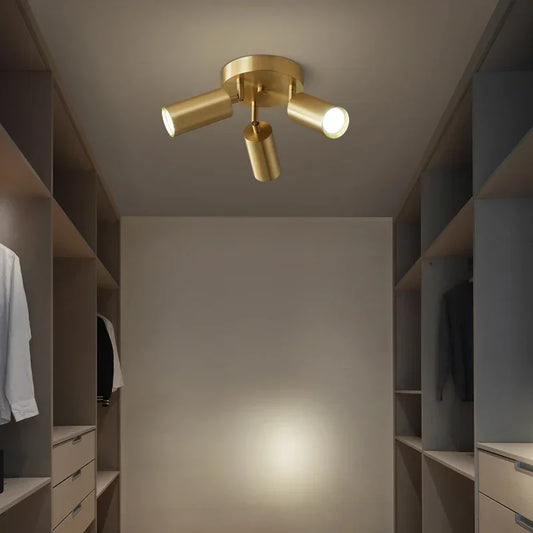 Brushed gold cylinder spotlights mounted on a ceiling in a closet.