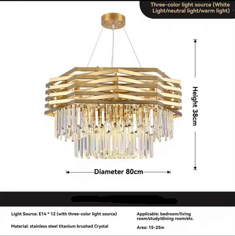 Gold chandelier with dimensions and material details on a white background