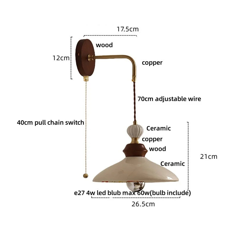 Wall-mounted lamp with dimensions and material details on a white background