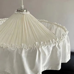 White Fabric Pleated Pendant Light with Gold Accents and Ruffled Shade