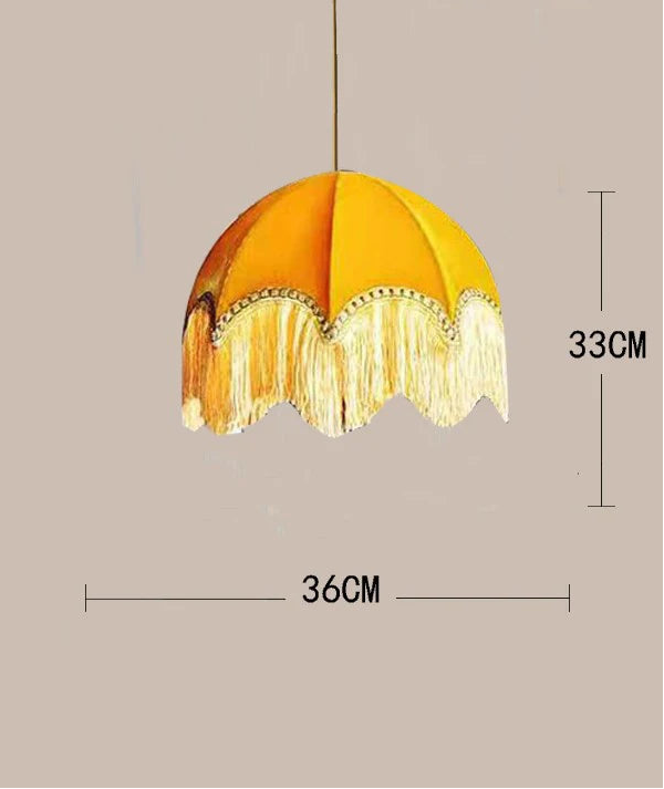 Yellow velvet dome pendant light with fringe, showing dimensions 36cm width and 33cm height.