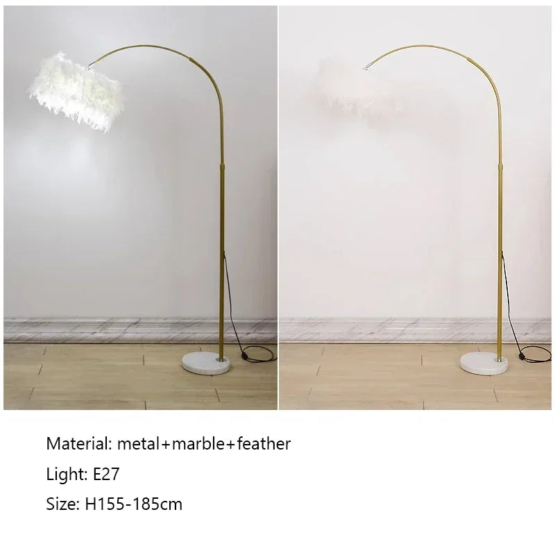 Floor lamp with feather detail on a wooden floor against a white wall.