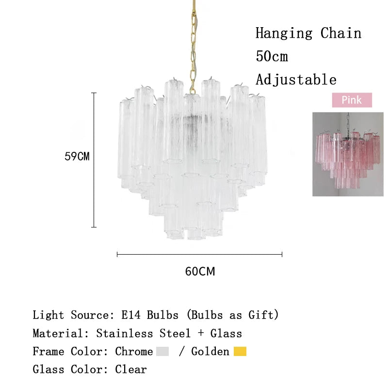 Chandelier with dimensions and material details on a white background