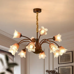 Close-up view of the bronze floral bud chandelier pendant light, highlighting the glass shades.