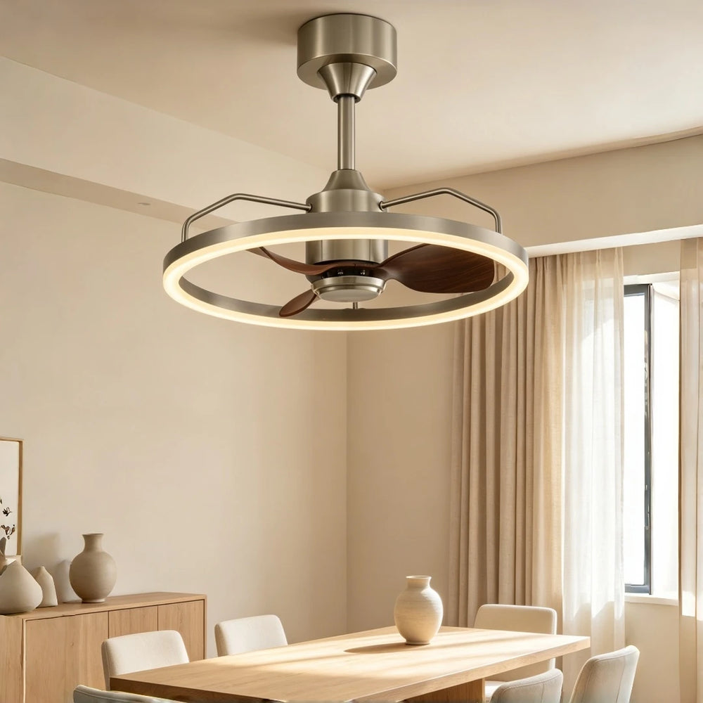 Brushed nickel ceiling fan with an integrated LED ring light, shown above a dining table.