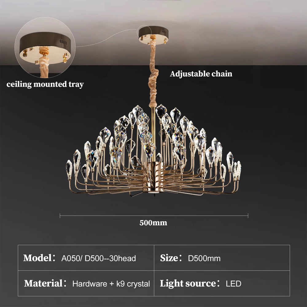 Chandelier with labeled parts and dimensions on a dark background