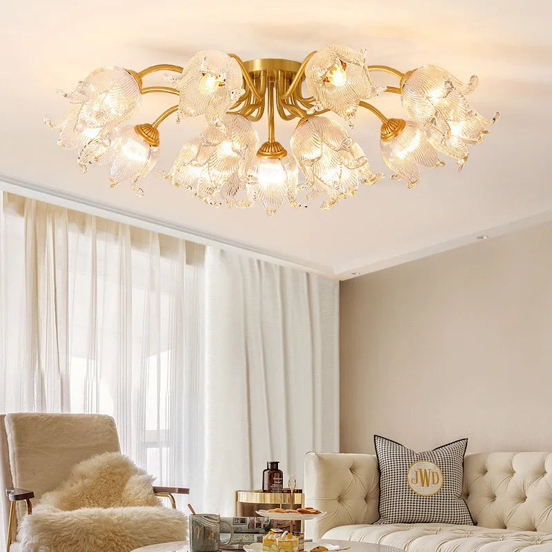 Luxurious ceiling light fixture in a living room setting with a sofa and chair.