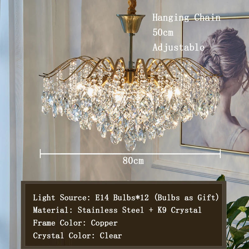 Chandelier with crystal details and measurement text in a room setting