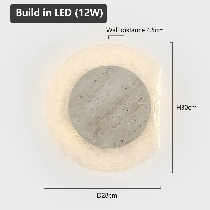 Round wall light fixture with dimensions and LED information on a white background