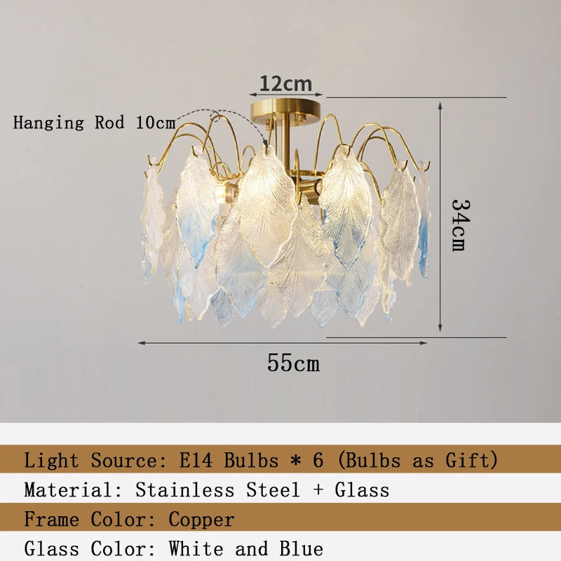 Chandelier with dimensions and product details on a gray background