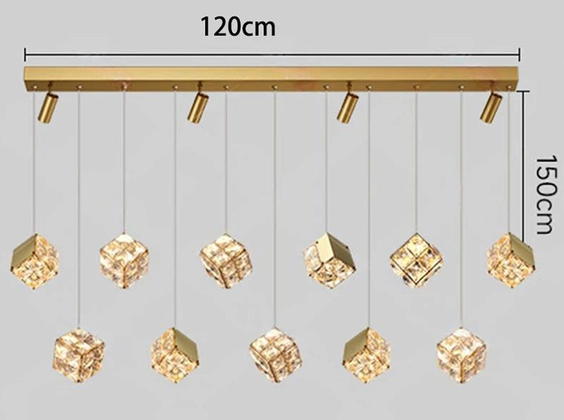 Gold pendant light fixture with crystal-like shades, shown with dimensions on a gray background.