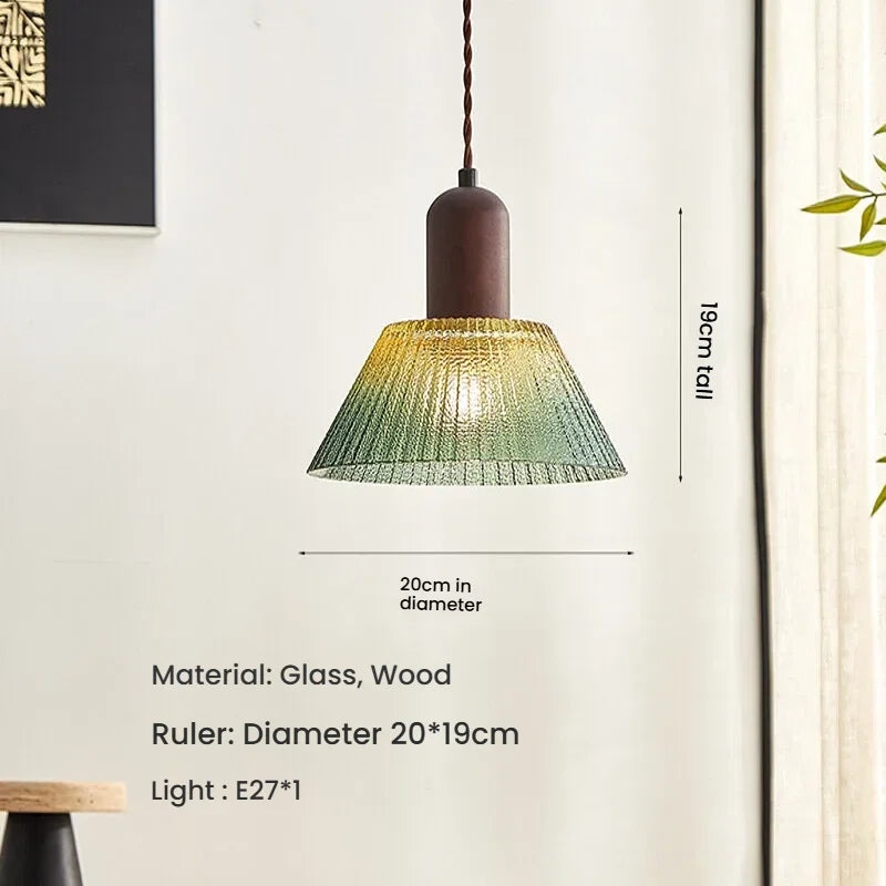 Pendant light with dimensions and material details on a neutral background