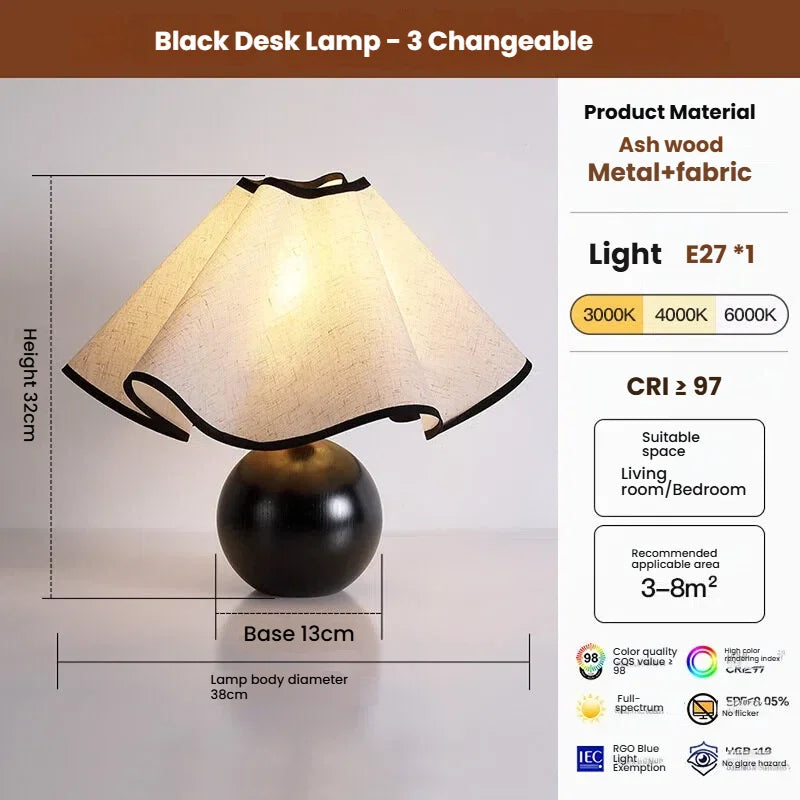 Black desk lamp with dimensions and product details on a gray background