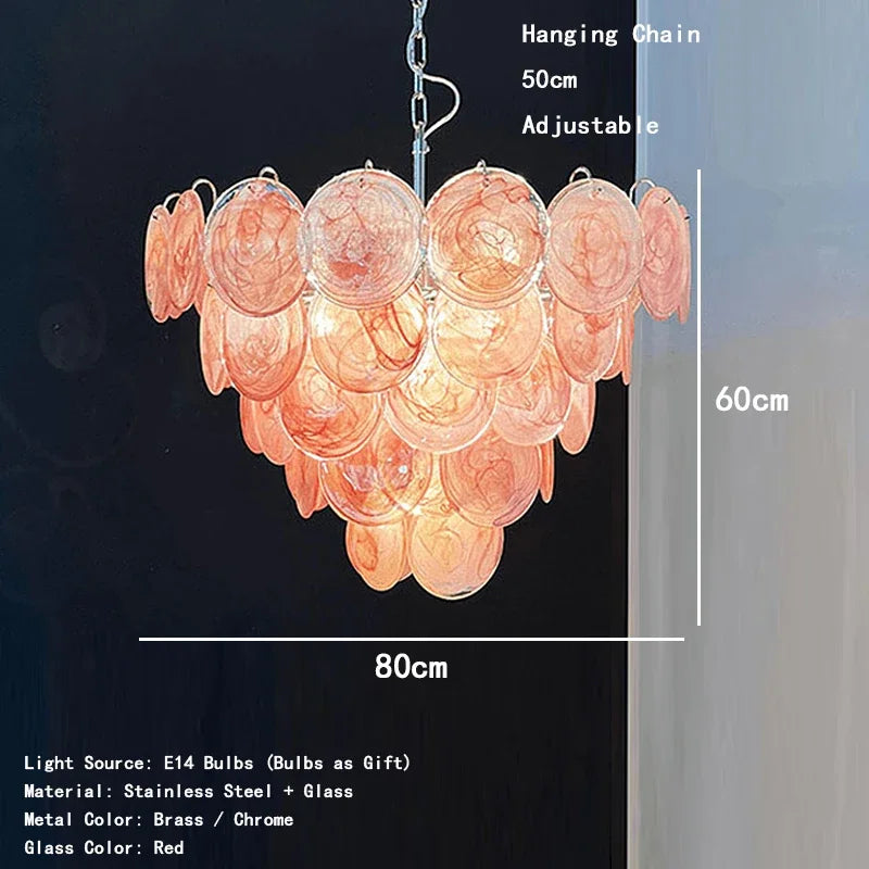 Chandelier with dimensions and material details on a black background