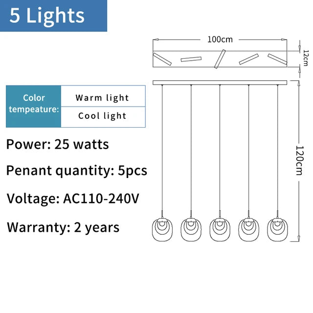 Technical specifications and dimensions of a 5-light pendant fixture on a white background.