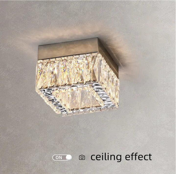 Square ceiling light fixture with crystal details on a gray ceiling