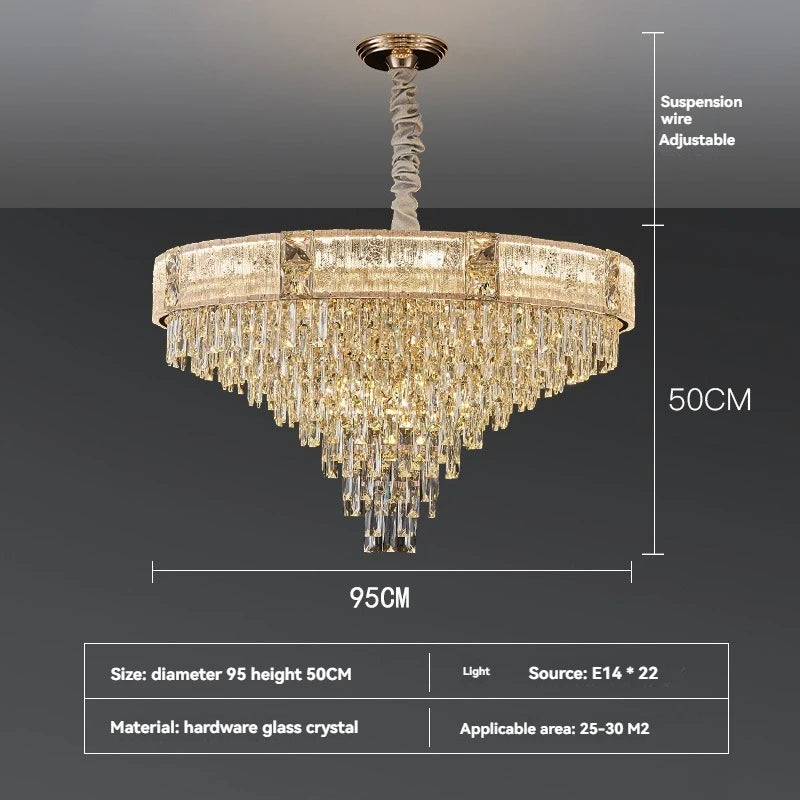 Chandelier with dimensions and specifications on a dark background